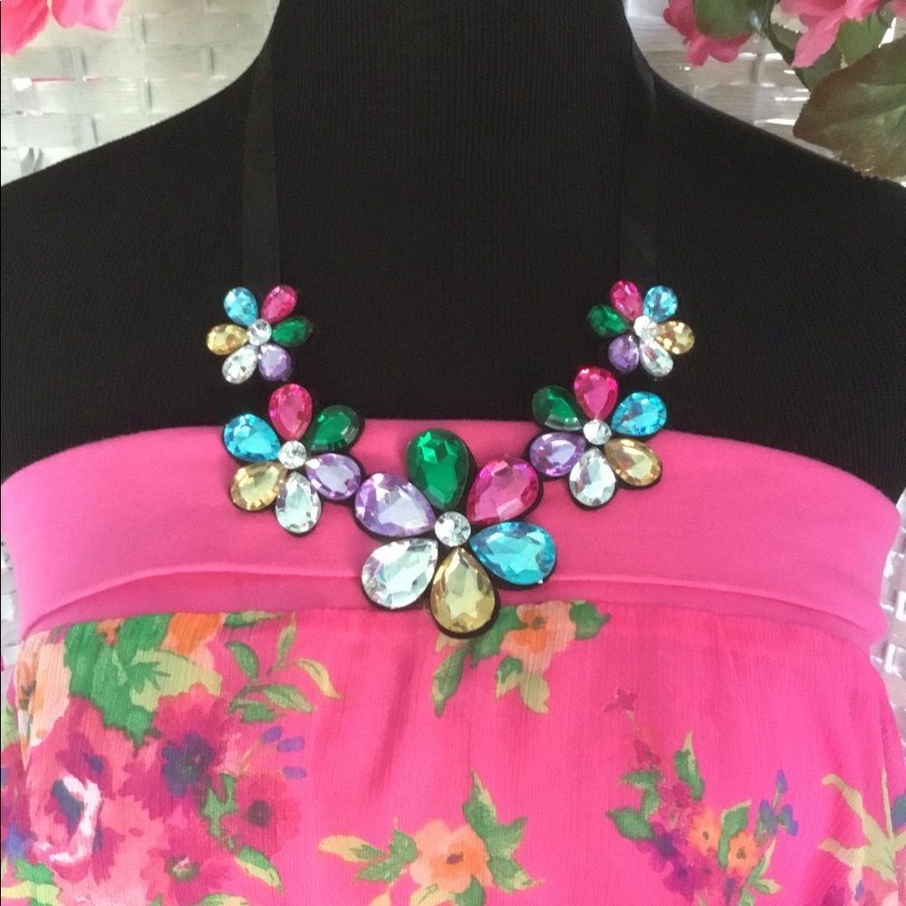 🌺🌸 Multicolor Floral Rhinestone Bib Necklace Flower Crystal Statement NEW 🌸🌺 - Picture 4 of 9